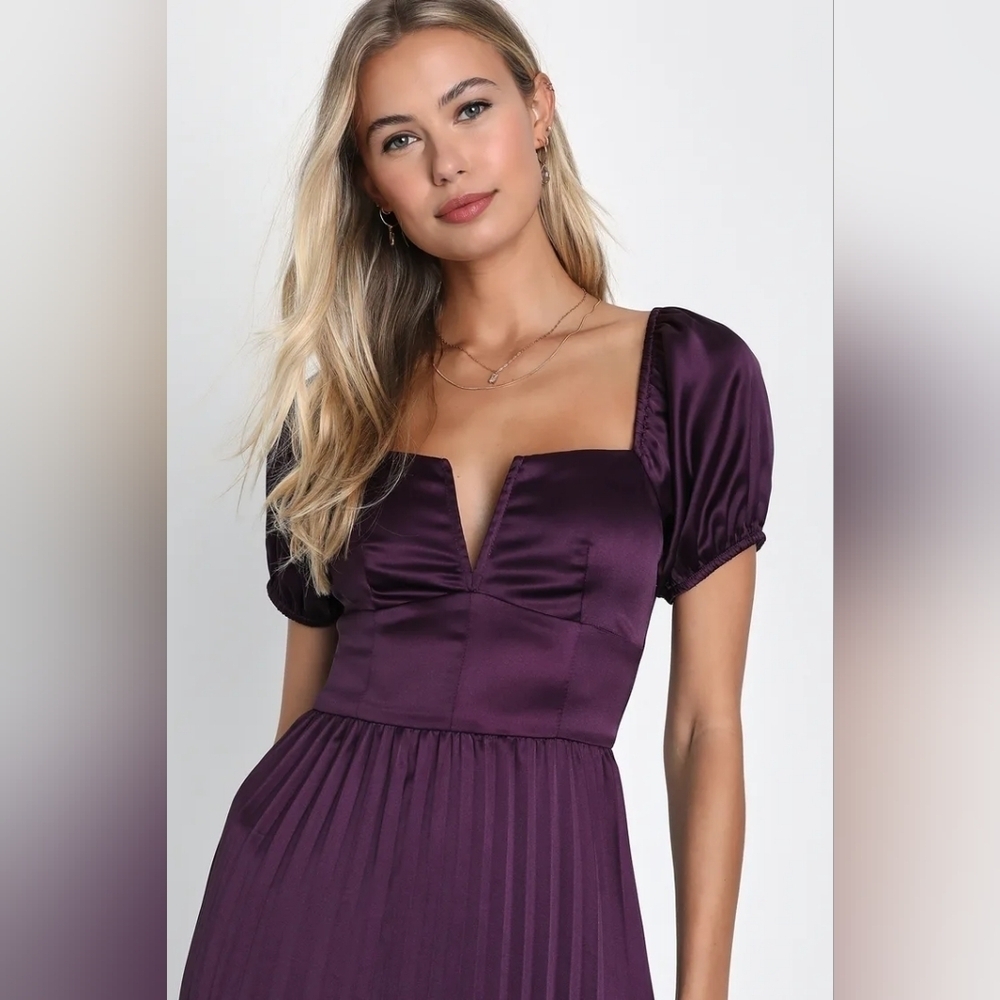 Lulus Flawless Forever Dark Purple Satin Pleated Midi Dress M Wedding Party Prom - Picture 3 of 9